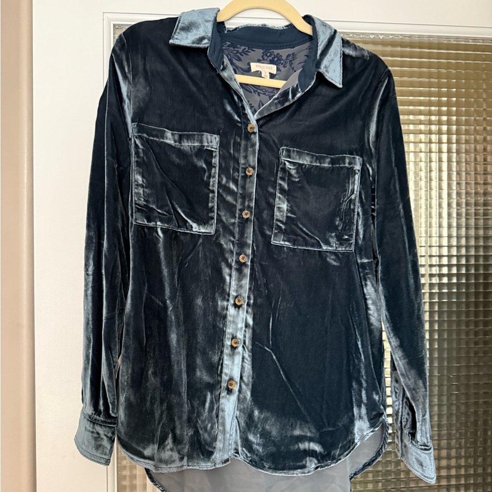 Pilcro Velvet Button-Up in Deep Blue and Gray